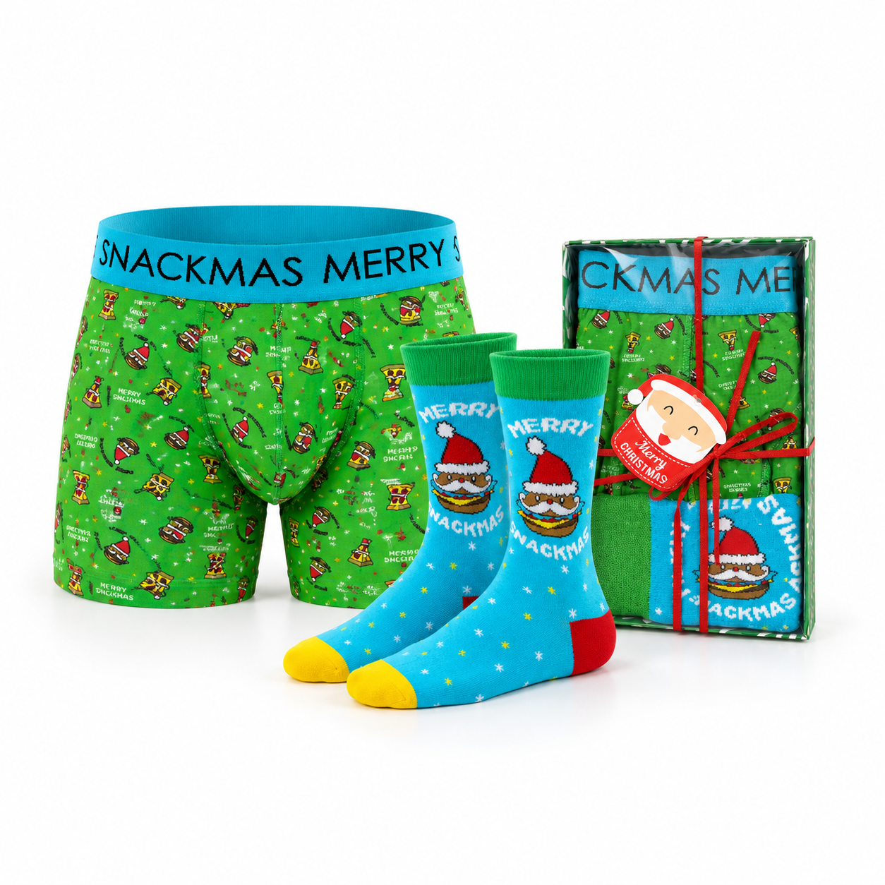 Caixa Presente de Natal para Homem • Boxer + Meias • Merry Snackmas