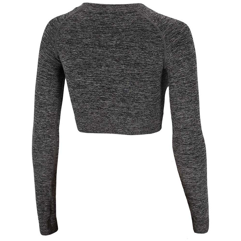 Camisola, manga comprimida, crop top, na cor cinza, para desporto, ginásio, fitness. Roupa de desporto de mulher.