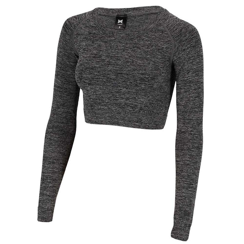 Camisola, manga comprimida, crop top, na cor cinza, para desporto, ginásio, fitness. Roupa de desporto de mulher.