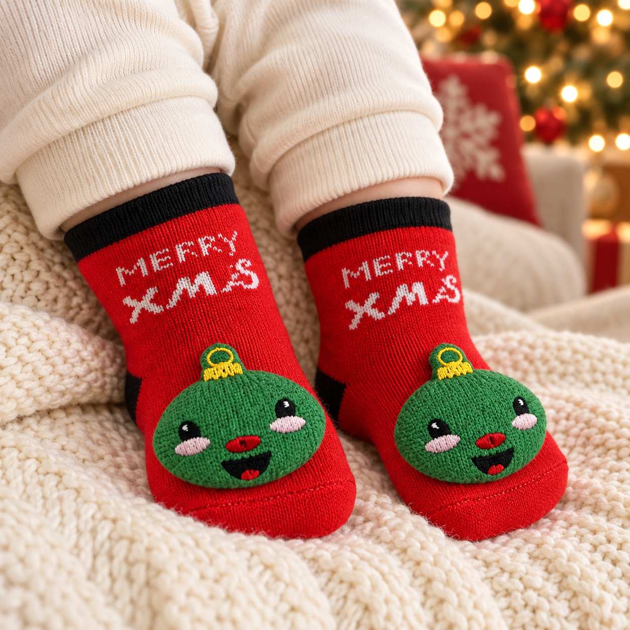 Calcetines de Navidad para Bebé de Algodón con Antideslizante • Bola de Navidad