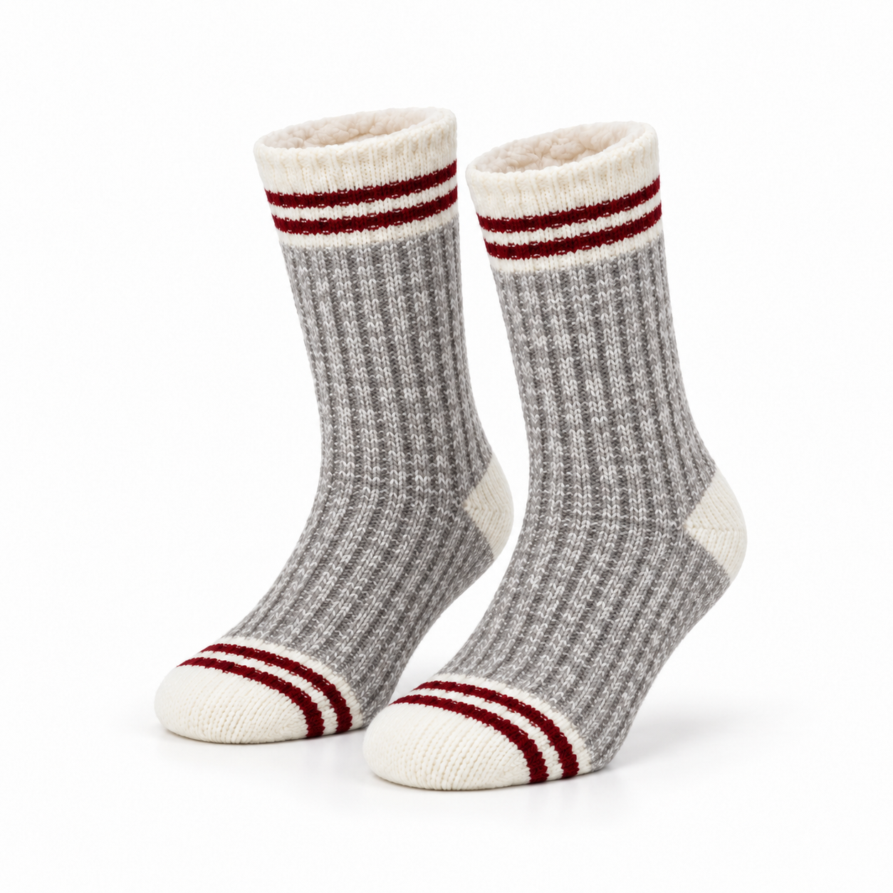 Calcetines de Casa Forrados y Antideslizantes Warm Hug • Rayas Burdeos
