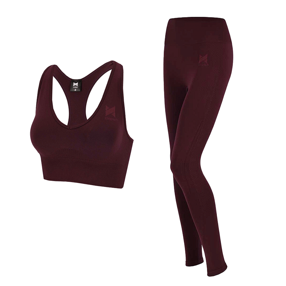 Cojunto de top e leggings de mulher, na cor bordo, para desporto, como fitness, ginásio, corrida treinos...