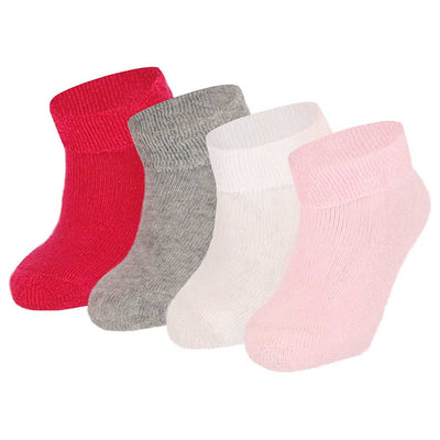 Pack de 4 meias de bebé em algodão, antiderrapantes e sem costuras, com punho dobrável unicolor. Conforto e segurança máxima para o uso diário e pés sempre quentinhos.