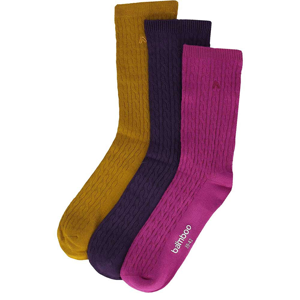 Meias clássicas caneladas para mulher, em fibra de bambu, multi cor rosa, amarelo e roxo. Meias frescas e suaves.